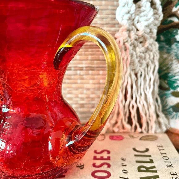 Vintage Rare Rainbow Amberina Crackle Glass Stubby Chunky Pitcher - Picture 6 of 9